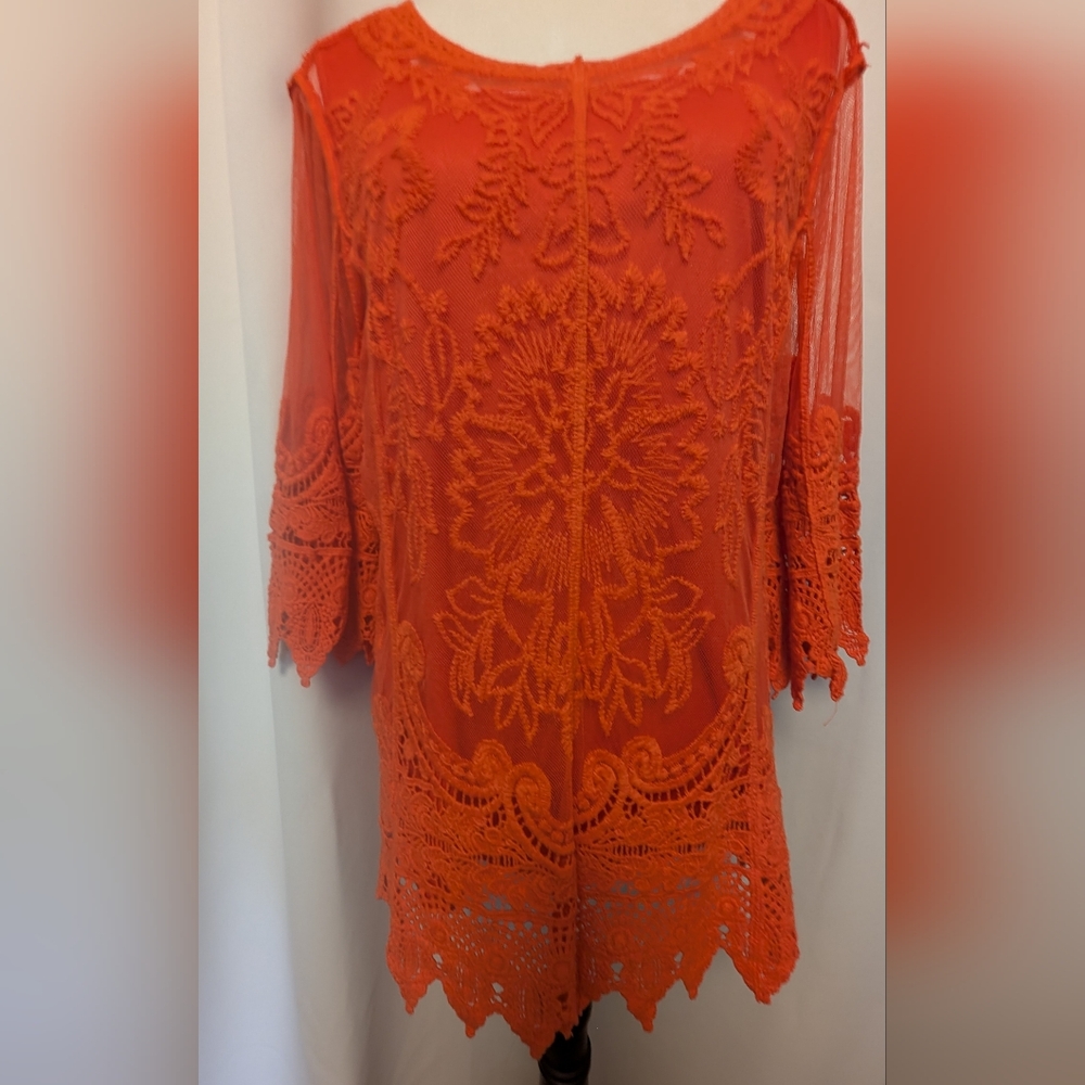 Ultra Pink Brand Crochet Lace Tunic Top, Vivid Orange, Size Large